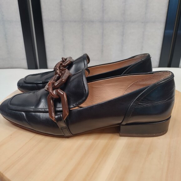Louise et Cie Emlen Black Leather Square Toe Tortoise Chain Loafers Women US 8.5 - Picture 6 of 13